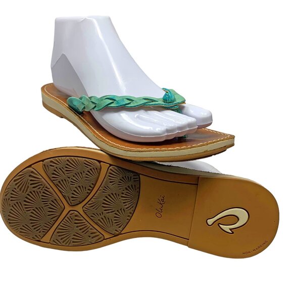 OluKai Kahiko Sea Blue Braided Leather Flip Flip / Toe Post Sandals - Picture 10 of 12